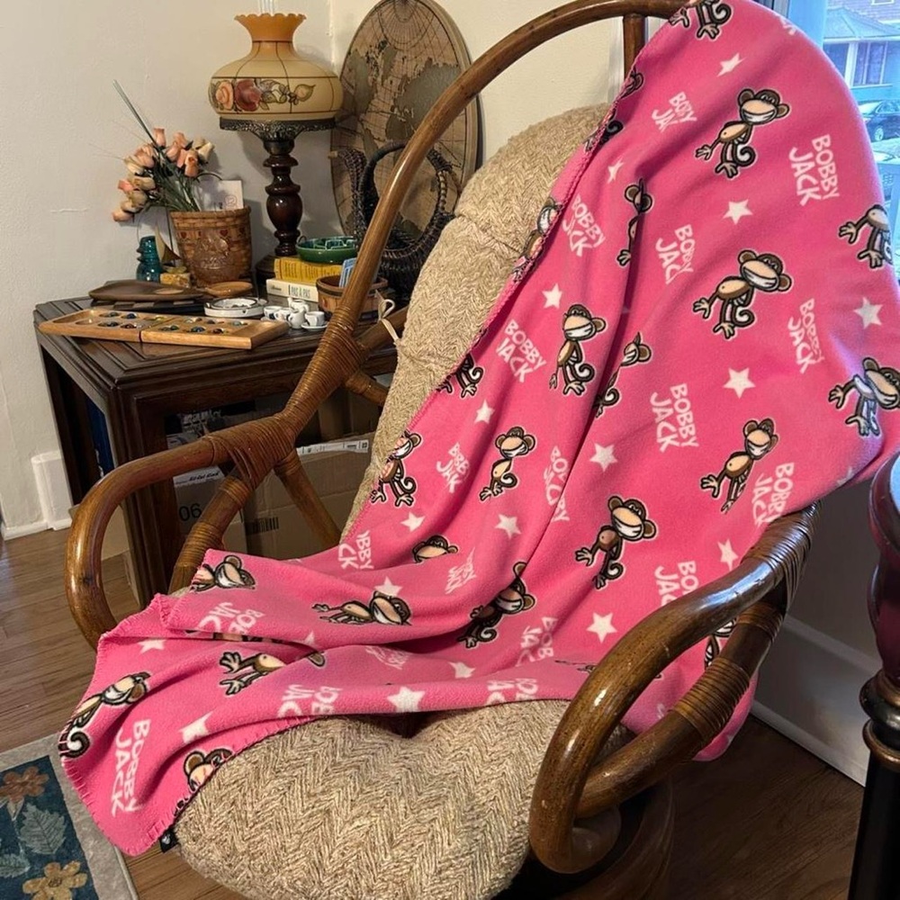 Vintage Y2K Kidcore Pink Bobby Jack Fleece Throw Blanket w Monkey Pattern